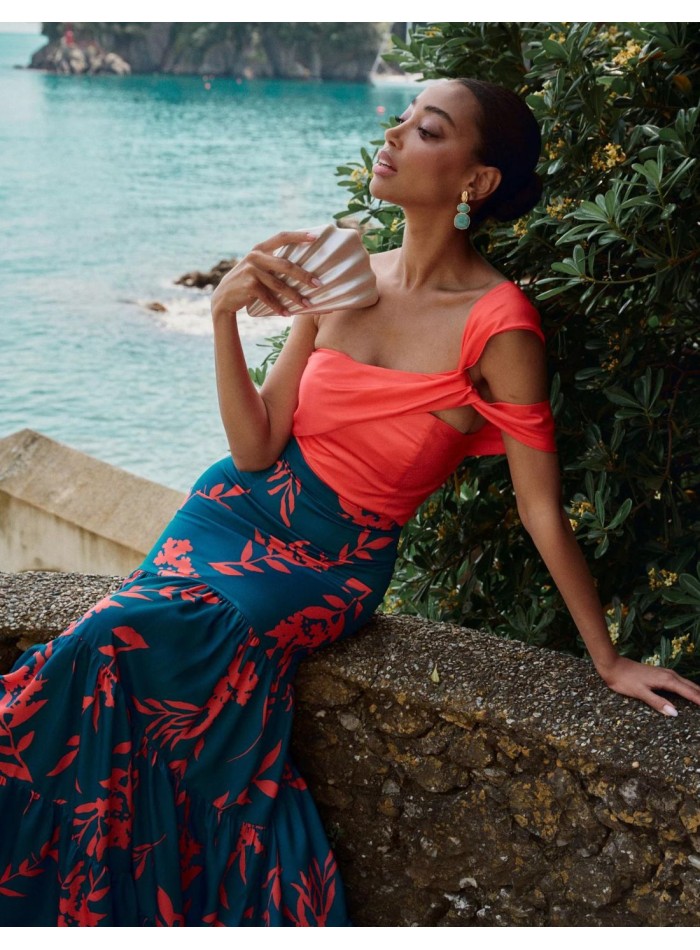 Coral party top with asymmetrical straps and...