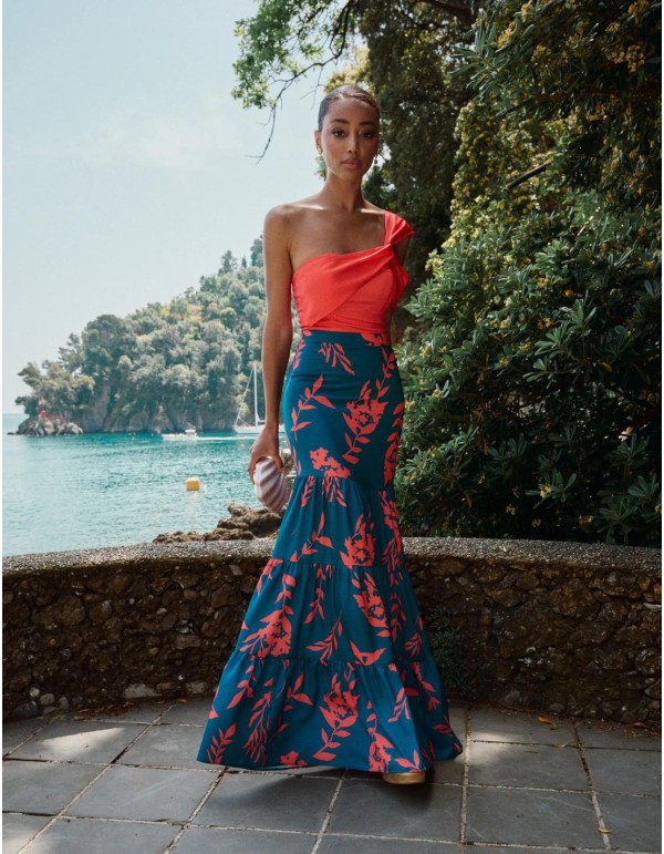 Long party skirt with floral print and ruffles