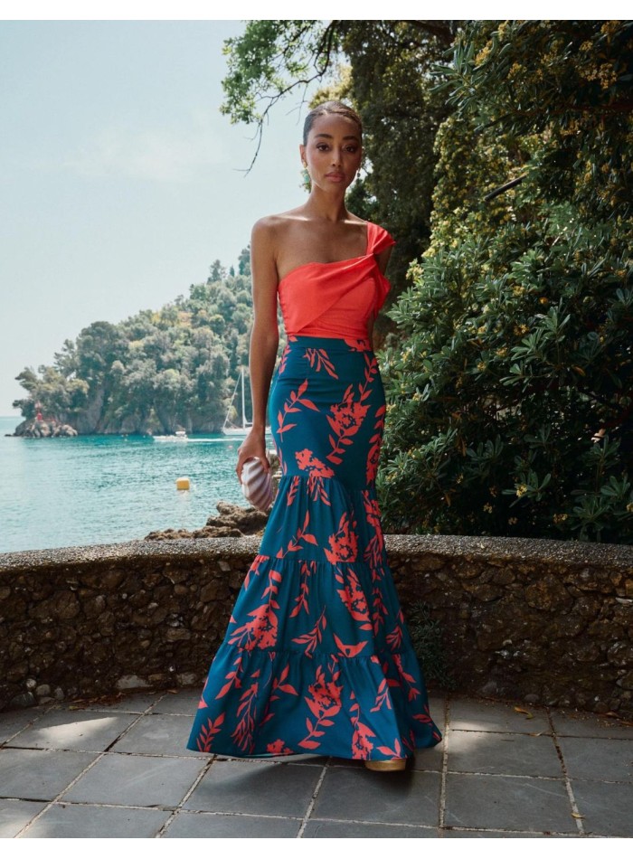 Long party skirt with floral print and ruffles