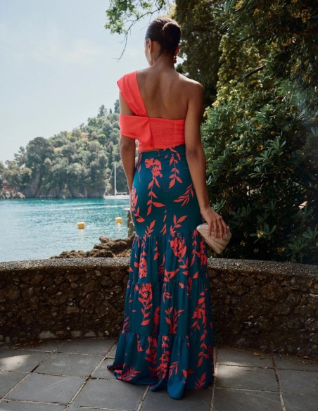 Long party skirt with floral print and ruffles