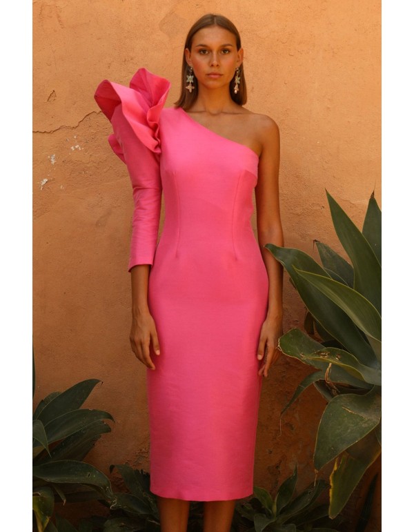 Vestido de fiesta midi con escote asimétrico y manga volante