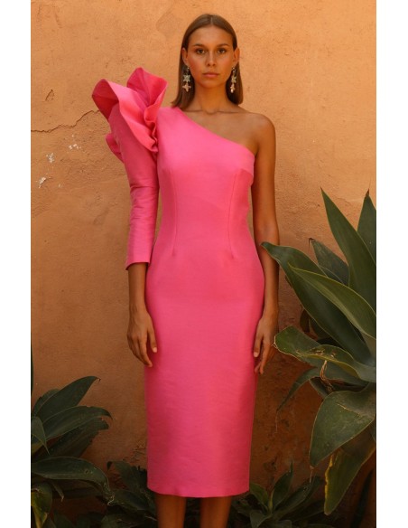 Midi party dress with asymmetrical neckline and flounce sleeves