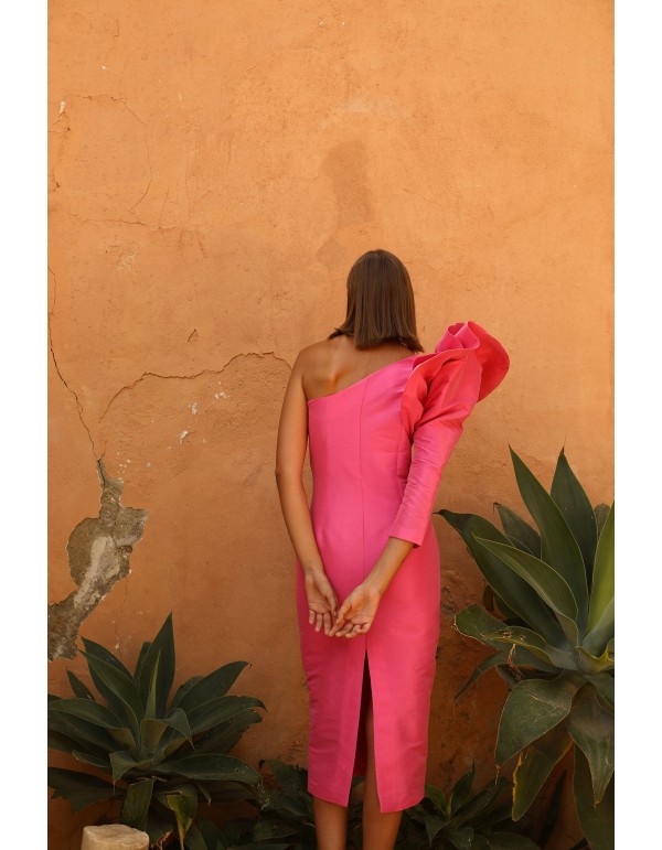 Vestido de fiesta midi con escote asimétrico y manga volante 2