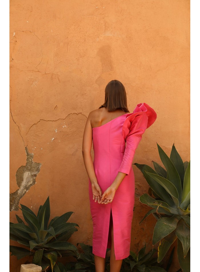 Midi party dress with asymmetrical neckline and...