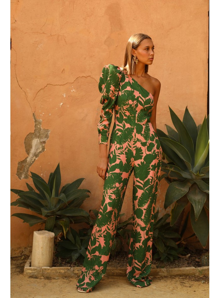 Flower printed party jumpsuit with asymmetrical...