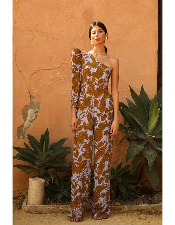 Party jumpsuit with asymmetrical neckline and floral print