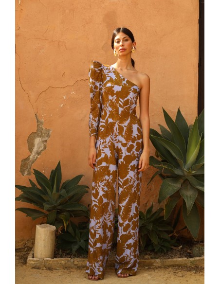 Party jumpsuit with asymmetrical neckline and floral print