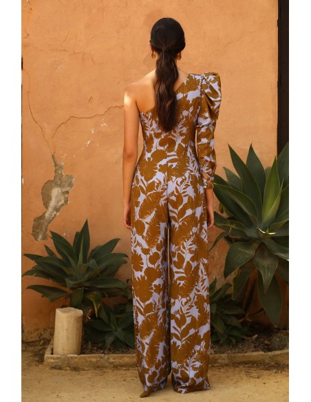 Combinaison de soirée à encolure asymétrique et imprimé floral