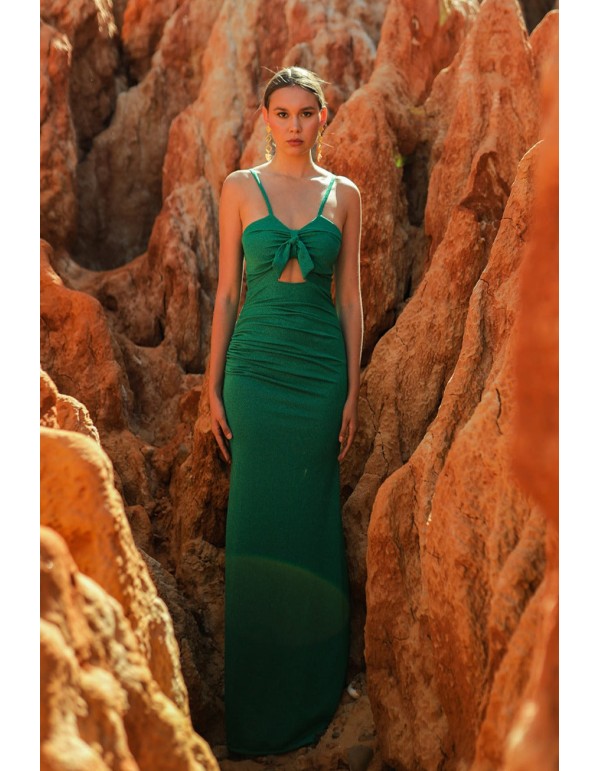 Long narrow party dress with cut-out cut and drape
