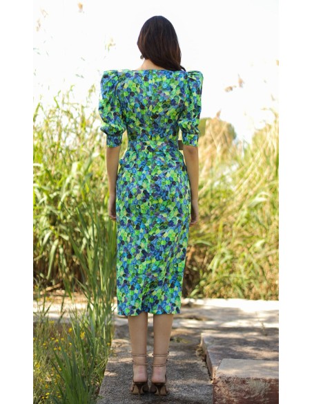 Printed midi party dress with round neckline and puffed sleeves