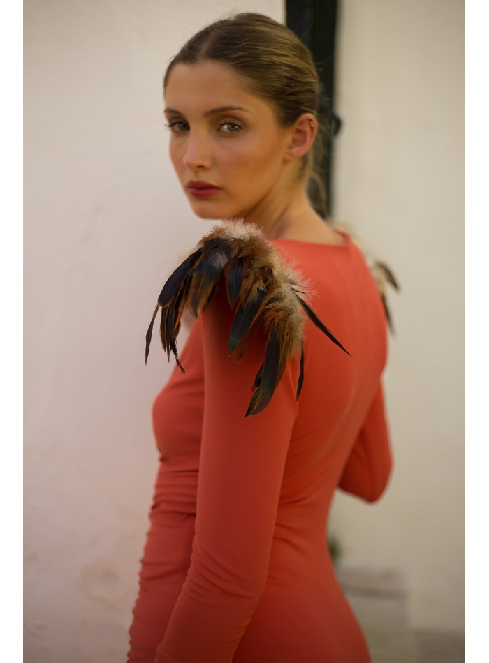 Midi dress with crossover neckline and feather...