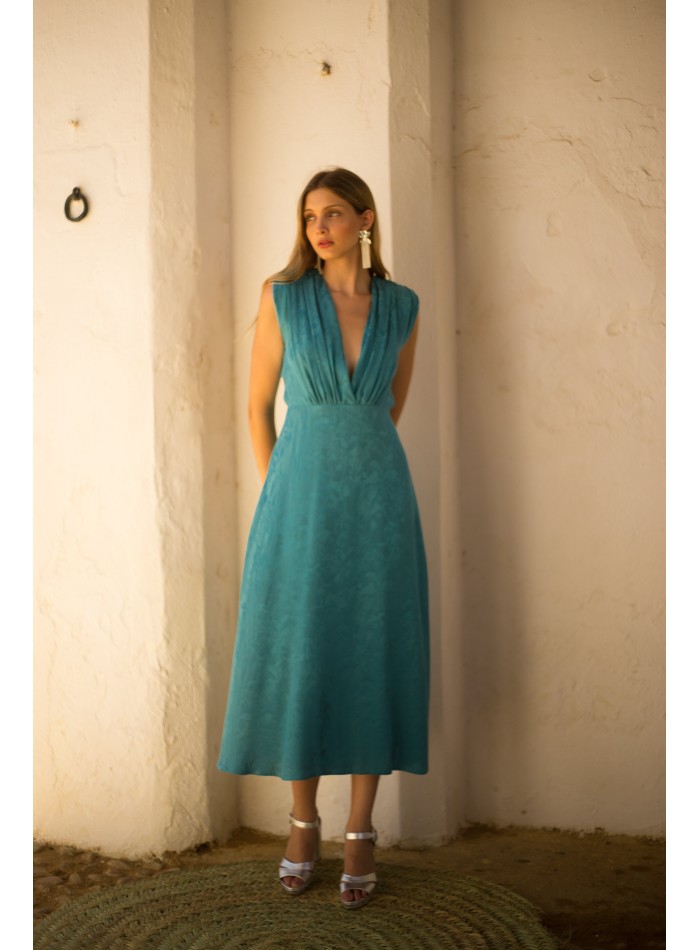 Vestido de fiesta midi en tejido jacquard con...
