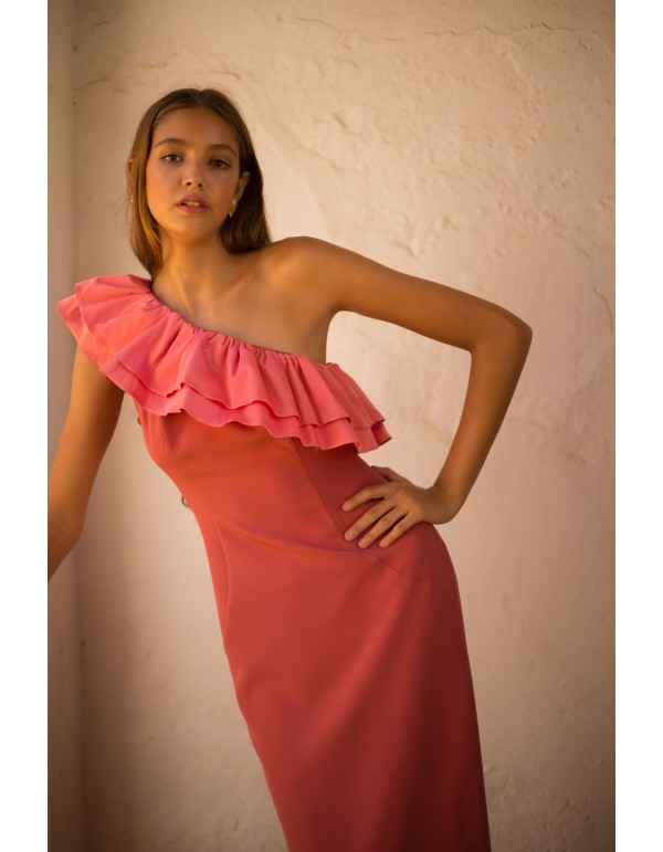 Vestido de fiesta midi con maxi volante de satén 2