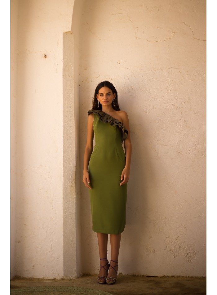 Vestido midi de fiesta con escote asimétrico y...