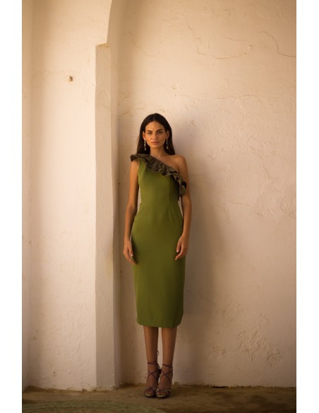 Vestido midi de fiesta con escote asimétrico y maxi volante