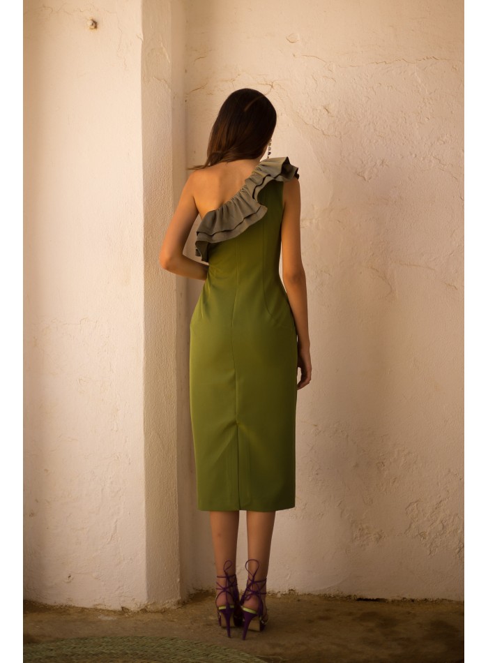 Midi party dress with asymmetrical neckline and...