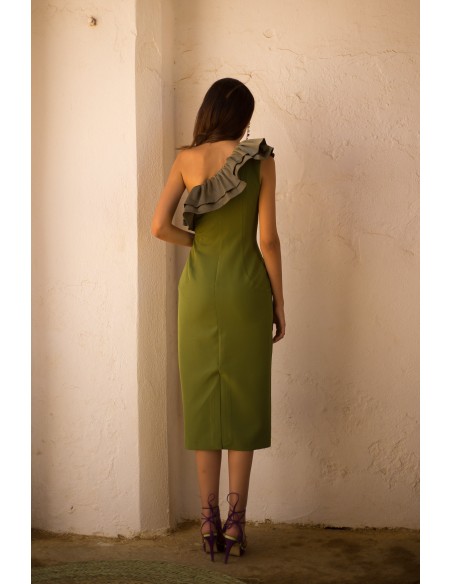 Vestido midi de fiesta con escote asimétrico y maxi volante