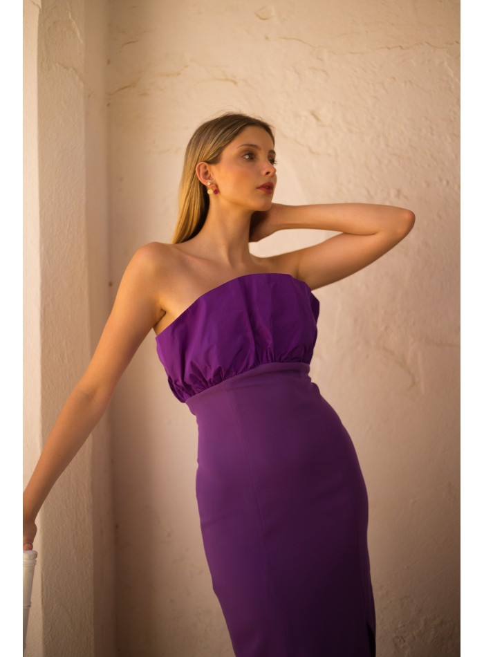 Purple midi party dress with ruffled taffeta...
