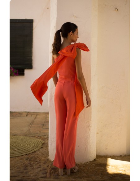 Long party jumpsuit with asymmetrical neckline and maxi lacing