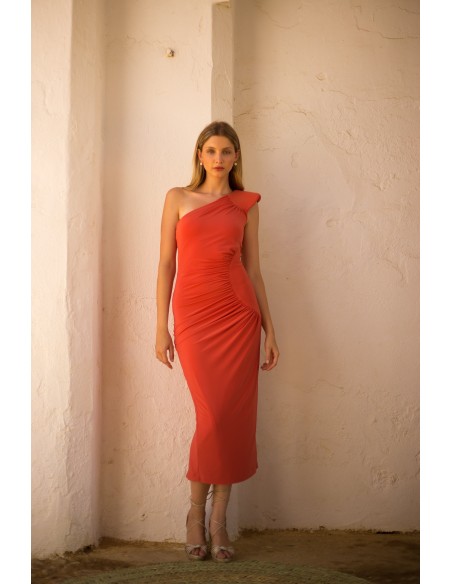 Robe de soirée midi en maille orange avec rembourrage aux épaules