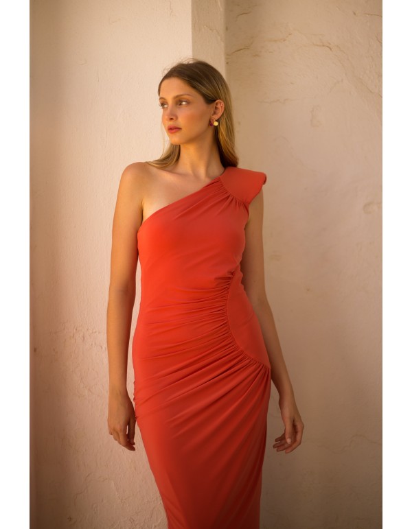 Robe de soirée midi en maille orange avec rembourrage aux... 2