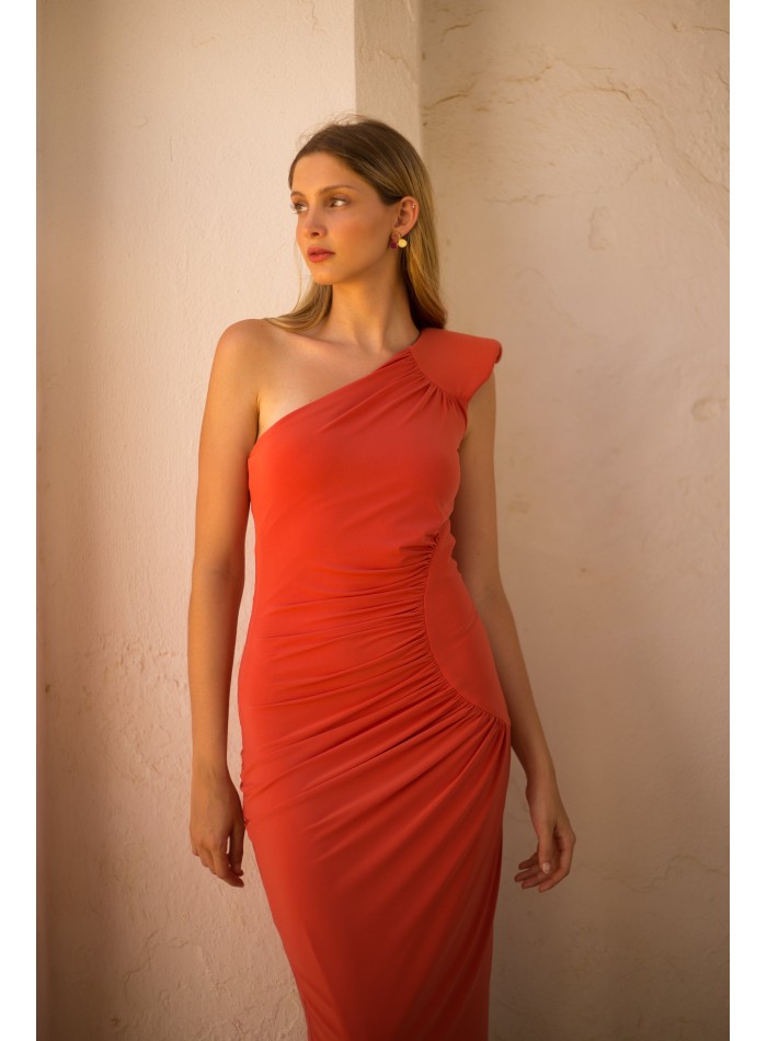 Orange knitted midi party dress with a shoulder...