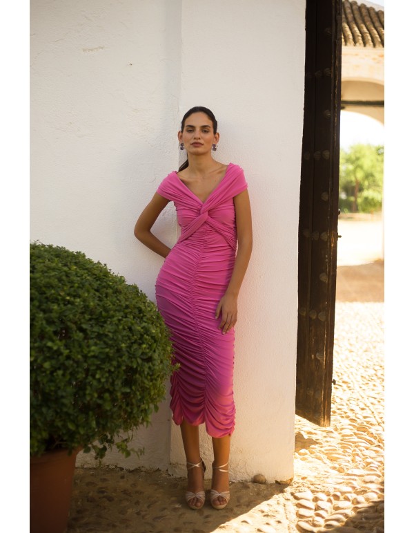 Robe midi drapée avec encolure bandeau croisée