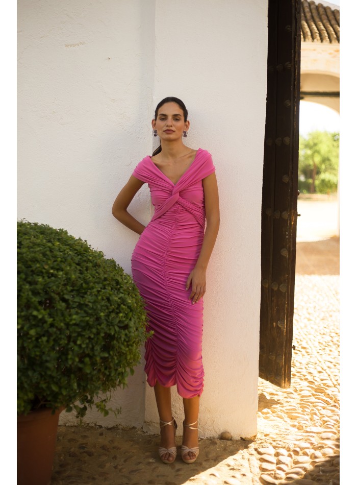 Draped midi dress with a crossed bandeau neckline