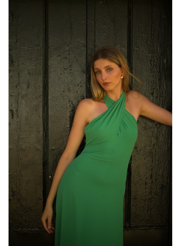 Long party dress with crossover halter neckline