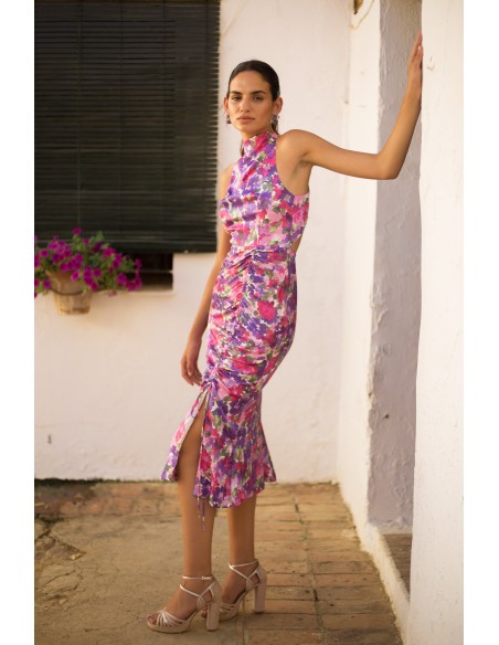 Vestido de fiesta midi satinado con estampado de flores