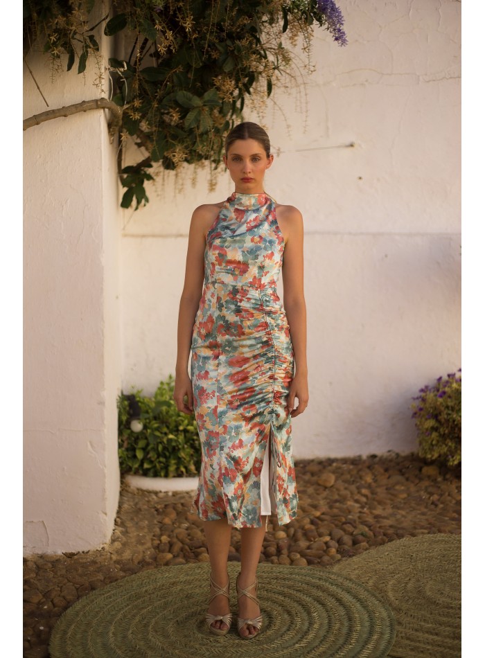 Printed midi party dress with halter neckline