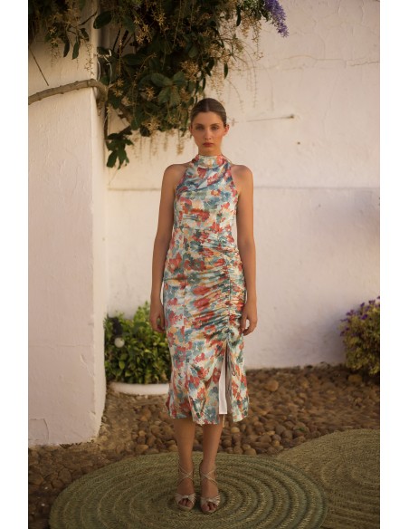 Vestido de fiesta midi estampado con escote halter