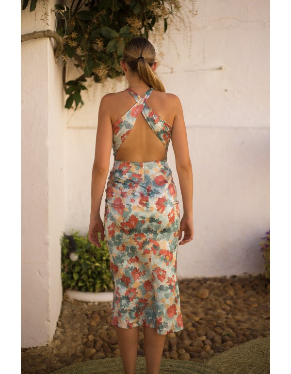 Printed midi party dress with halter neckline 2