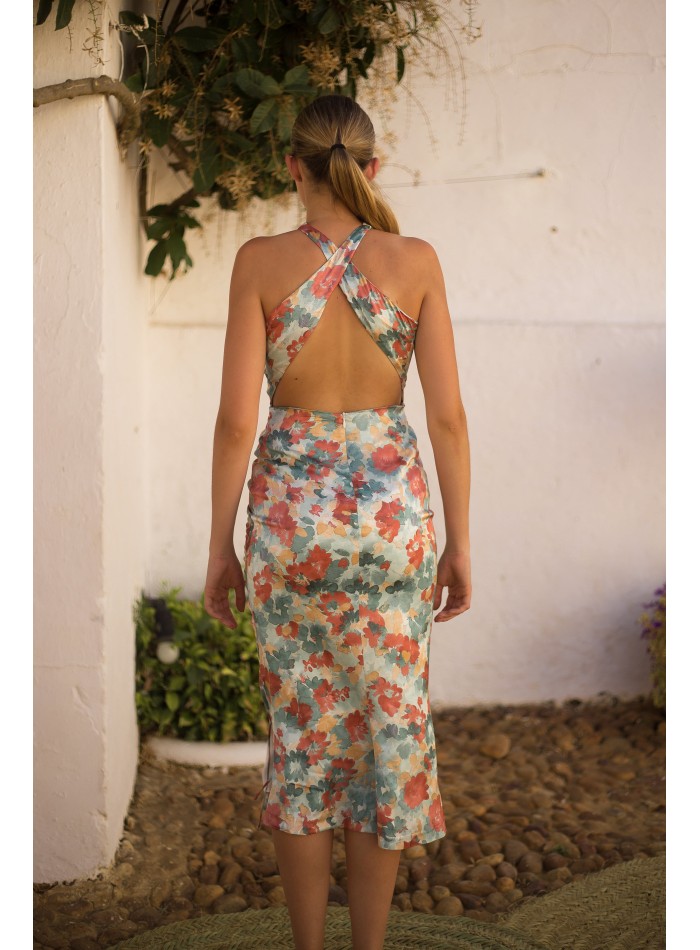 Robe de soirée midi imprimée avec encolure dos nu