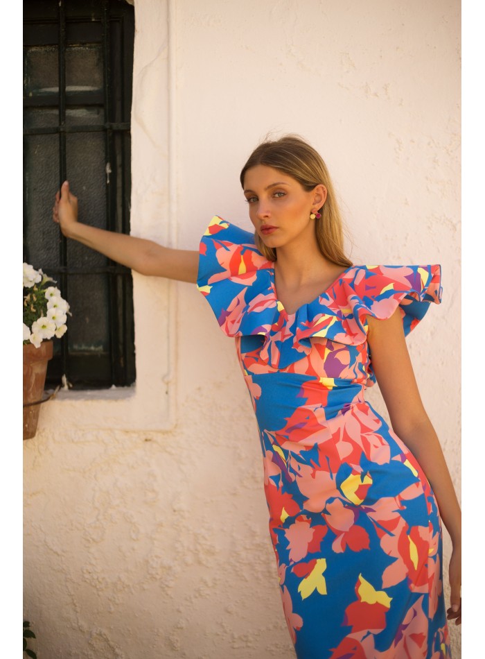 Vestido midi de fiesta con escote maxi volantes