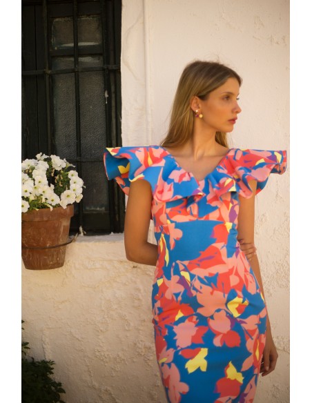 Midi party dress with maxi ruffle neckline