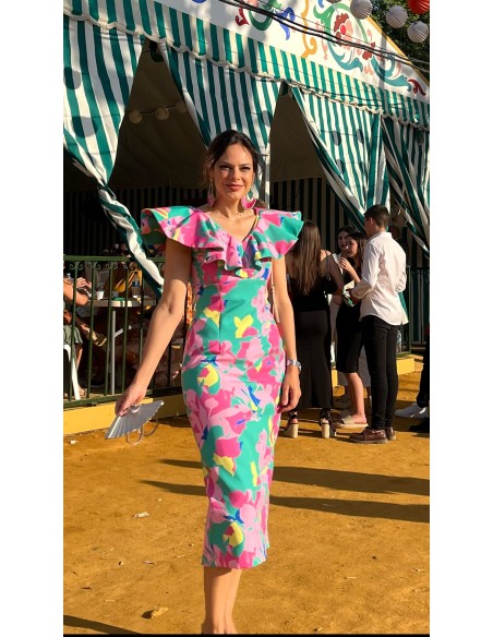 Vestido midi de fiesta estampado floral tropical