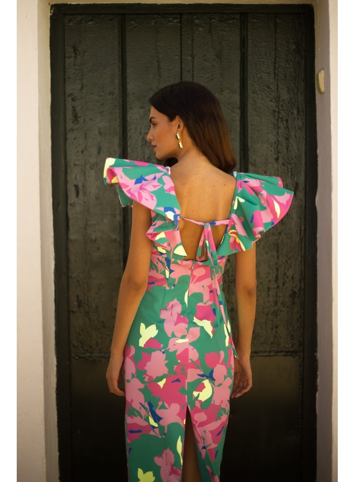 Tropical floral print midi party dress