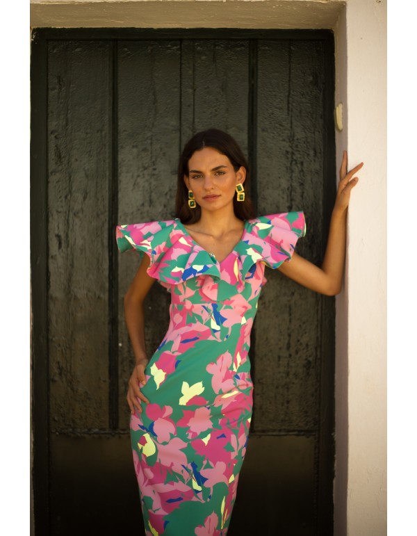Robe de soirée midi à imprimé floral tropical