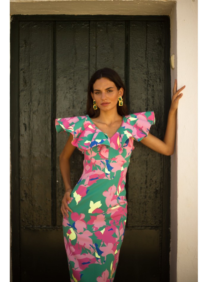 Tropical floral print midi party dress