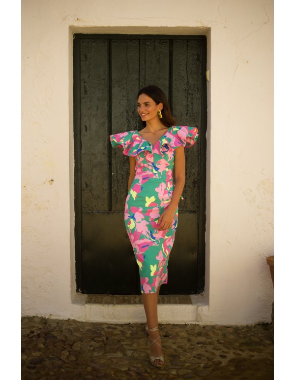 Vestido midi de fiesta estampado floral tropical 2