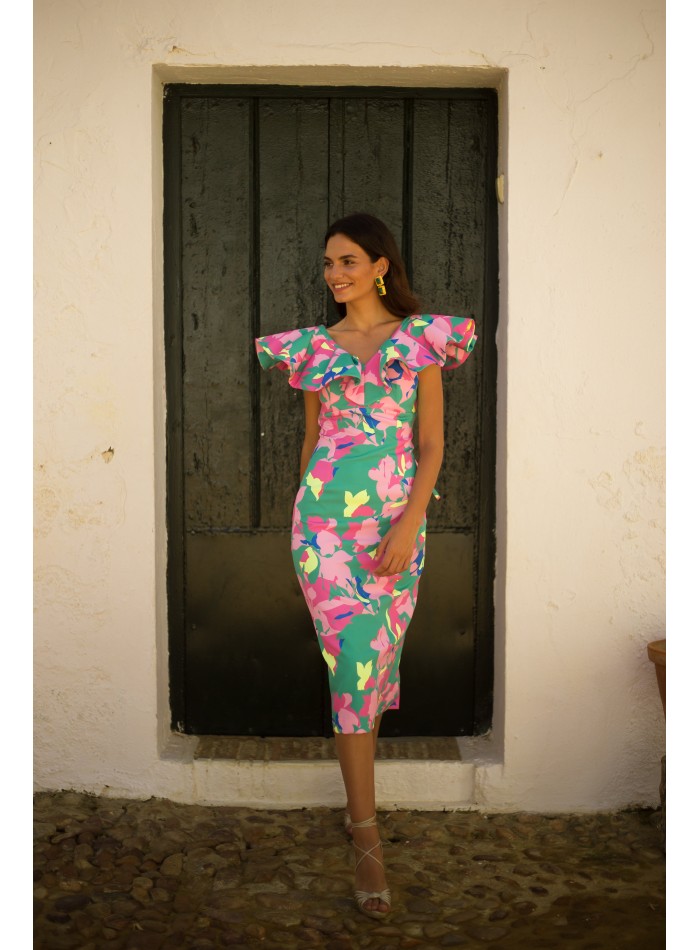 Robe de soirée midi à imprimé floral tropical