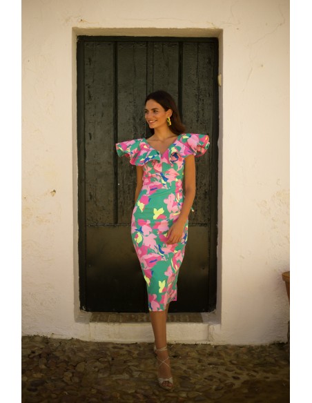 Vestido midi de fiesta estampado floral tropical