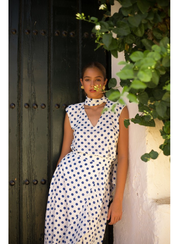 Ensemble Top et Jupe croisée à volants à pois