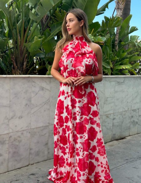 Vestido de fiesta largo vaporoso estampado con cuello halter y espalda descubierta