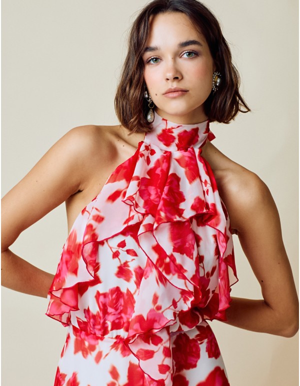 Vestido de fiesta largo vaporoso estampado con cuello halter y espalda descubierta en tonos rojos 2