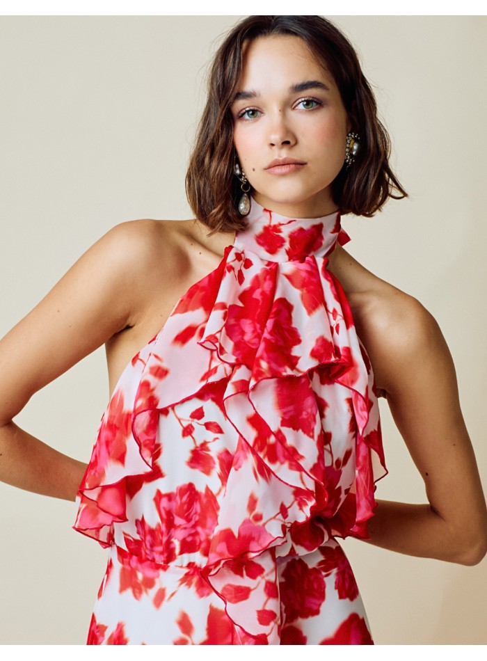 Vestido de fiesta largo vaporoso estampado con cuello halter y espalda descubierta
