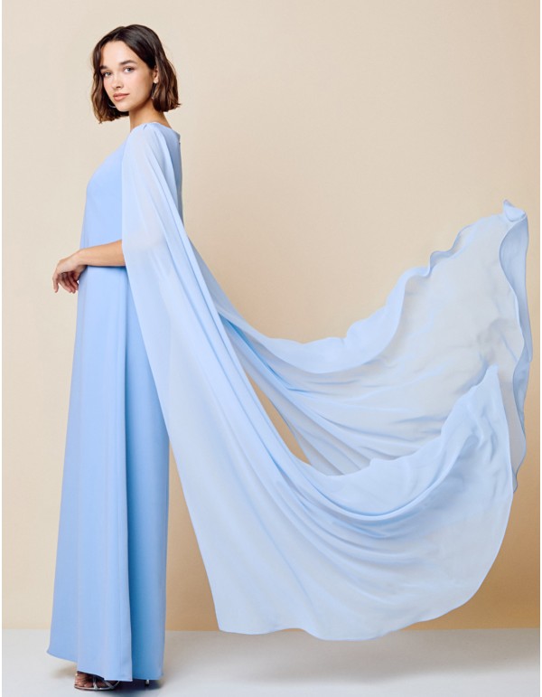 Long party dress with round neckline and cape sleeves 2