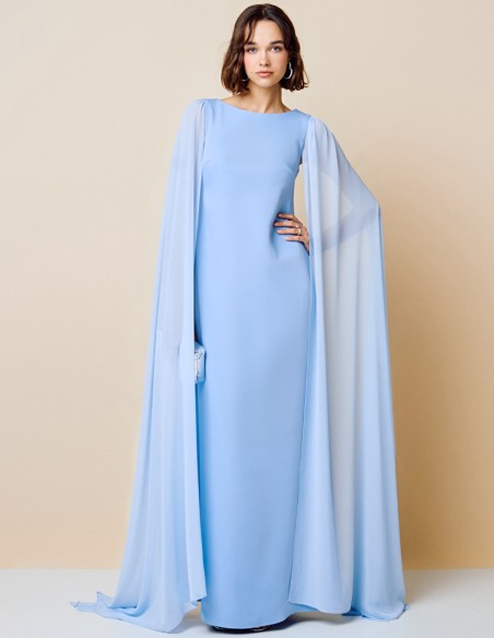 Long party dress with round neckline and cape sleeves