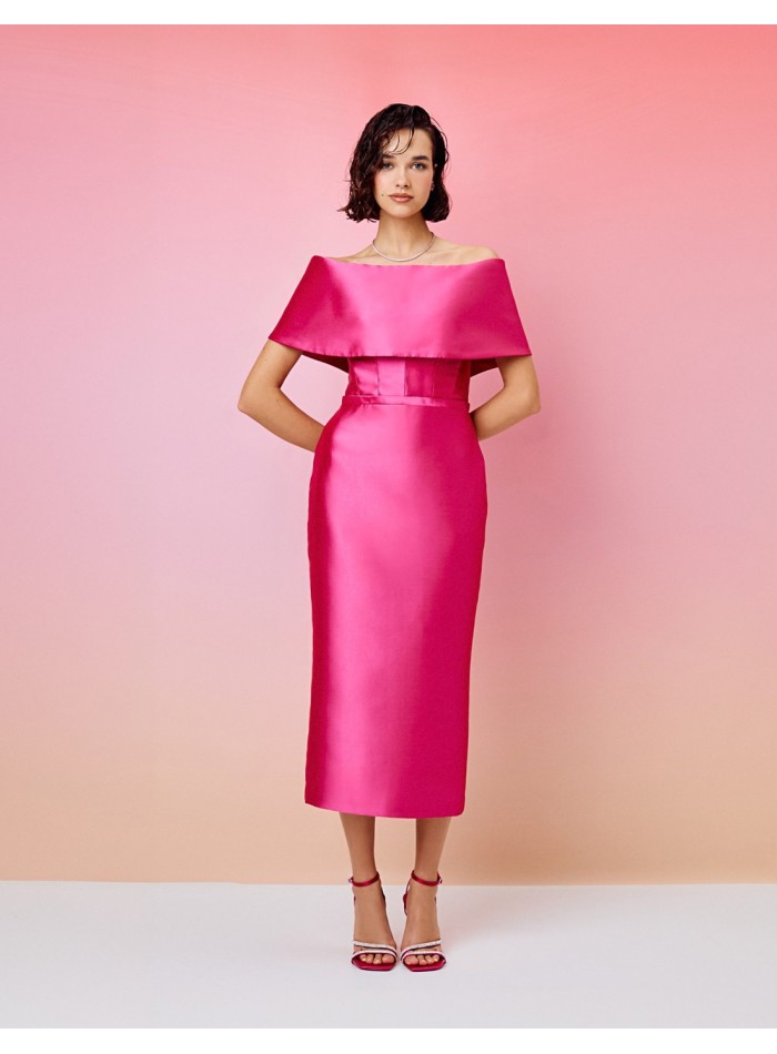 Midi party dress with bardot neckline and belt...